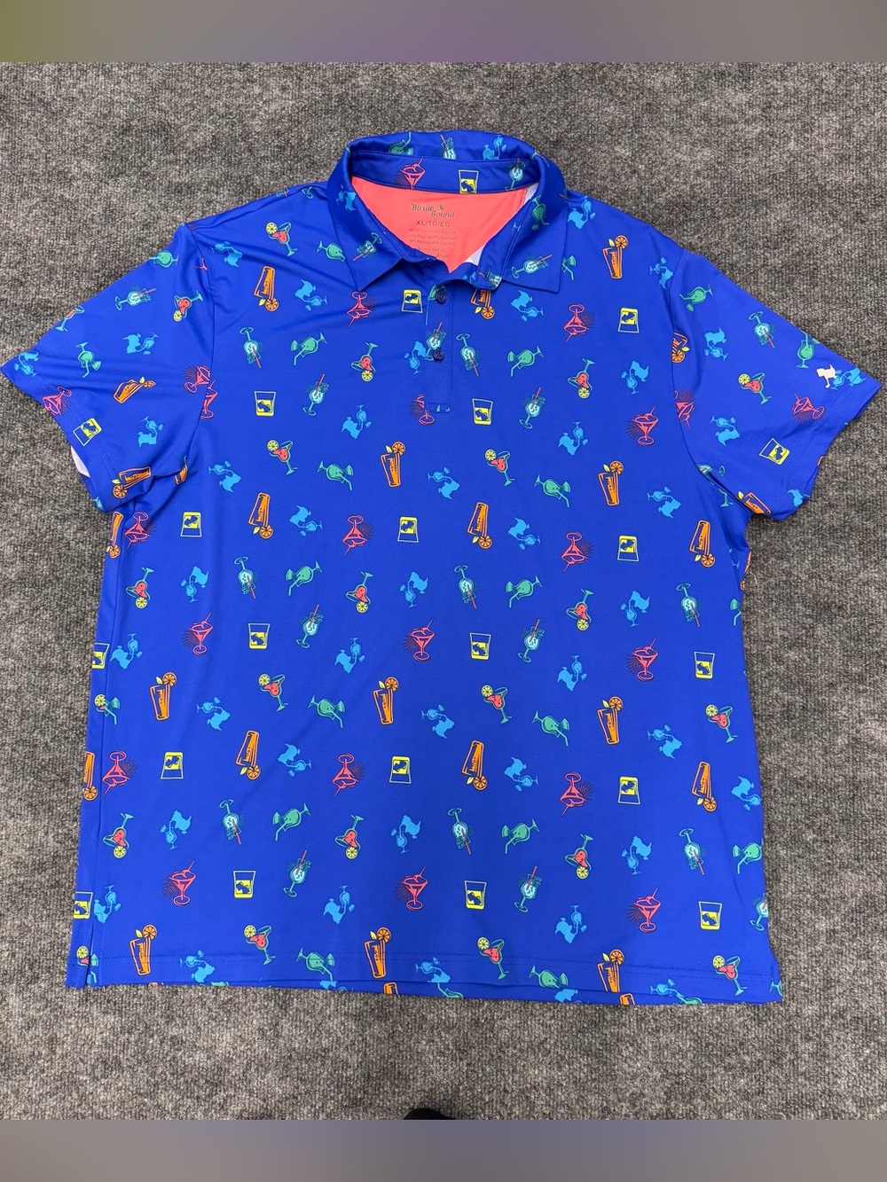 Birdie Bound Golf Polo Shirt XL Blue Cocktail Drink Print Performance Stretch